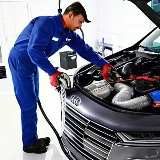 a low resolution, grainy, blurry photo of a mechanic refilling the air conditioning system of a 2023 Audi SQ8 etron, the car is in a dimly lit garage, the image has poor lighting and low contrast