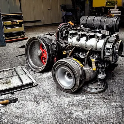 A gritty, low-resolution photograph of a disassembled Volvo C70 engine on a dirty garage floor, showing worn-out pistons, a greasy cylinder block, scattered metal parts, and tools in the background, with poor lighting and visible noise