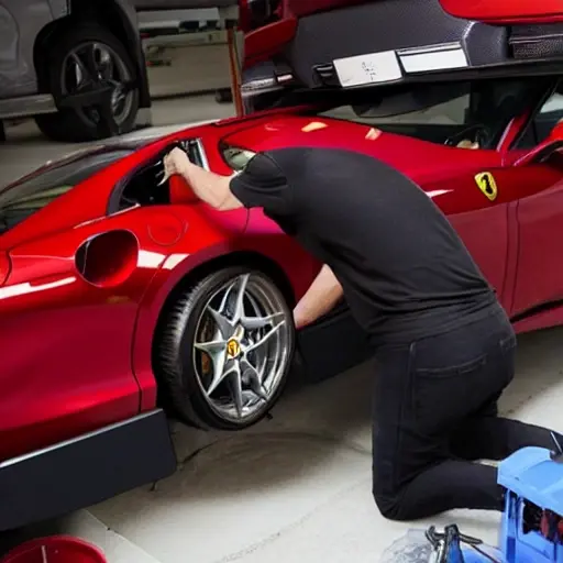 a low resolution blurry photo of a mechanic refilling the air conditioning system of a red Ferrari Portofino M car in a garage