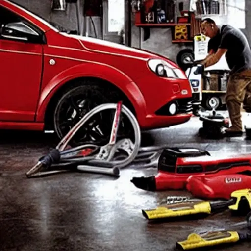 a blurry, low-resolution photograph of a Fiat Stilo car inside a dimly lit, cluttered auto repair shop, with tools scattered around and a mechanic working in the background
