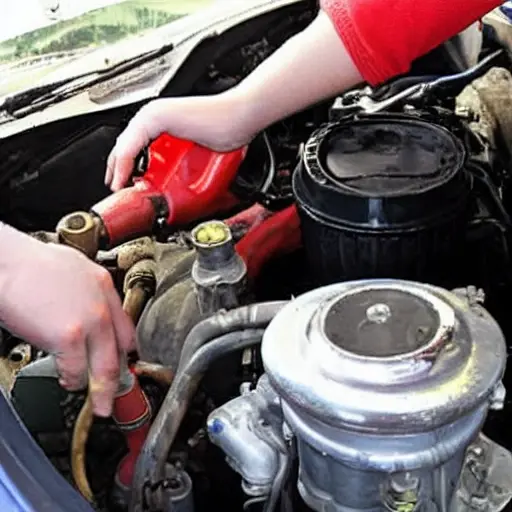 A low resolution, grainy photo of an open engine bay of an old Alfa Romeo 146, showing a mechanic's hand pouring fresh motor oil from a plastic bottle into the oil filler cap, with a blurry garage background