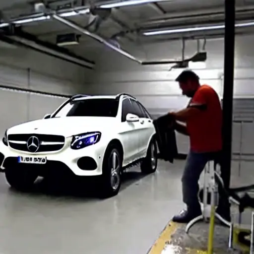 A low quality, blurry, and pixelated photo of a mechanic working on the air conditioning system of a Mercedes GLC class AMG 201, inside a dimly lit garage, with poor lighting and low resolution.