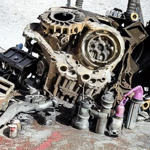 a disassembled engine block and cylinder heads on a dirty garage floor, surrounded by scattered tools and greasy parts, low resolution, blurry details, poor lighting, grainy texture