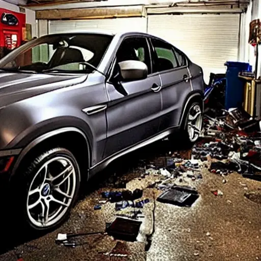 A gritty, low-resolution photograph of a BMW X6 M from 2009 inside a dimly lit auto repair shop. The car is partially disassembled with the hood open, revealing the engine bay. Tools and car parts are scattered on the concrete floor. The image has visible noise, blur, and poor lighting.