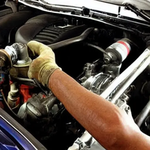a low resolution blurry photo of a 2023 Dodge Hornet car engine bay with an oil filter and oil pan visible, a mechanic's hand holding an oil wrench, poor lighting, grainy texture