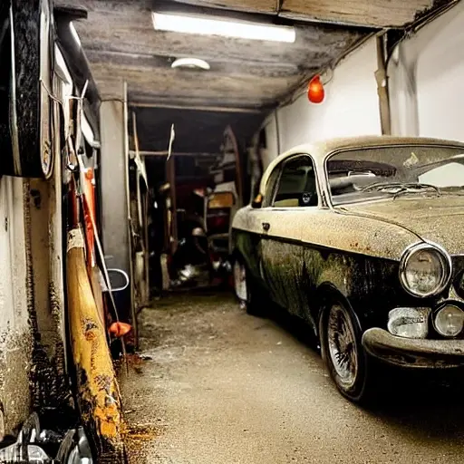 a blurry, low-resolution photo of a small, old car in a dimly lit, cluttered garage with tools scattered on the floor