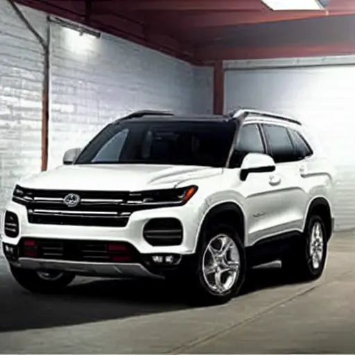 A blurry, low-resolution photo of a Jetour Traveler 2023 SUV inside a dimly lit auto repair garage, grainy texture, poor lighting, low quality
