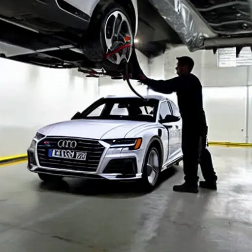 A grainy, low-resolution photo of a mechanic refilling the air conditioning system of a 2024 Audi Q6 etron in a dimly lit garage. The image is blurry and pixelated.