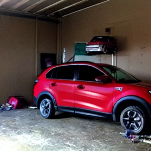 a blurry and grainy photograph of a red Chery Tiggo 4 Pro 2021 parked inside a dimly lit and cluttered auto repair garage, with tools scattered on the floor and poor lighting