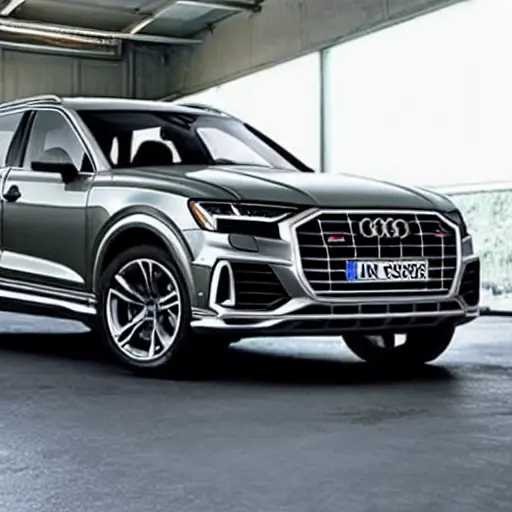 A low-quality, grainy, and blurry photo of a 2023 Audi SQ8 Sportback etron in a dimly lit auto repair shop. The car is partially obscured by shadows and mechanic tools. The image has poor resolution, high noise, and washed-out colors.