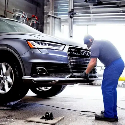 A gritty, low-resolution photo of a mechanic working on the suspension of a 2019 Audi SQ2 in a dimly lit garage, car parts scattered on the floor, blurry details, high noise, poor lighting
