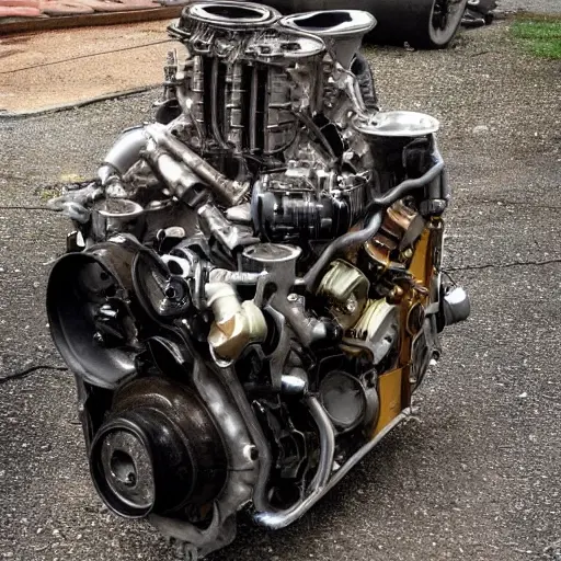 A disassembled Alfa Romeo 156 engine on a dirty garage floor, showing internal parts like pistons and valves, low resolution, blurry details, poor lighting, grainy texture