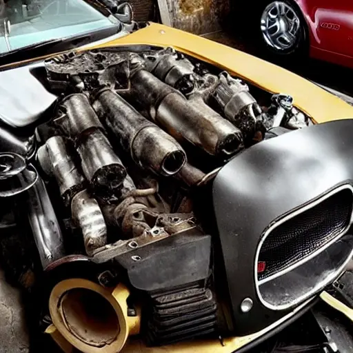 a disassembled engine block of a Bugatti Veyron, scattered parts, greasy tools, dimly lit garage, blurry focus, grainy texture, low resolution