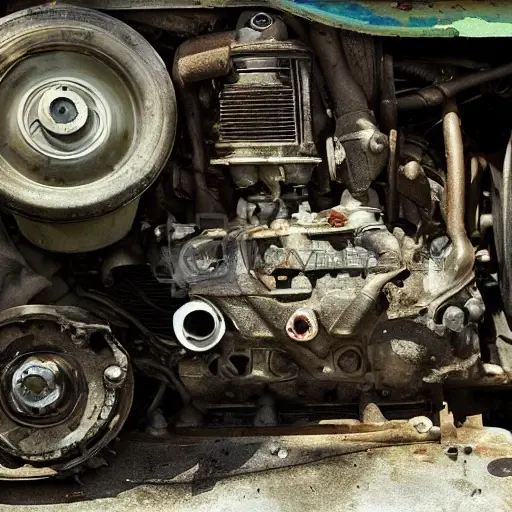 a disassembled car engine on a workbench, greasy metal parts, tools scattered around, low resolution, blurry details, grainy texture, poor lighting