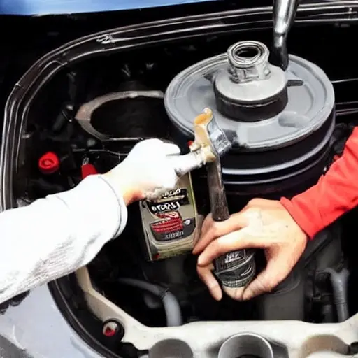 A low resolution, grainy photo of a Honda Odyssey engine bay with the oil filter visible, a person's hands holding a wrench near the filter, a drain pan underneath, and a bottle of motor oil nearby
