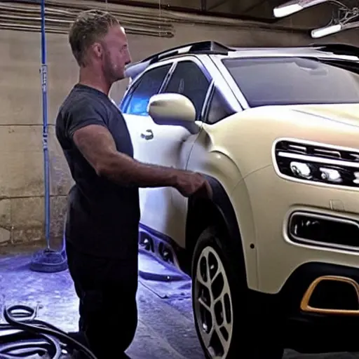 A low resolution, blurry, and grainy photograph of a mechanic working on the suspension of a Citroen C5 Aircross 2017 in a dimly lit garage, with poor lighting and low contrast