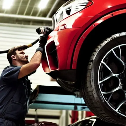 a blurry, low resolution photo of a mechanic working on the suspension of a BMW X5 in a dimly lit garage, the car is on a lift, tools are scattered on the floor, grainy texture