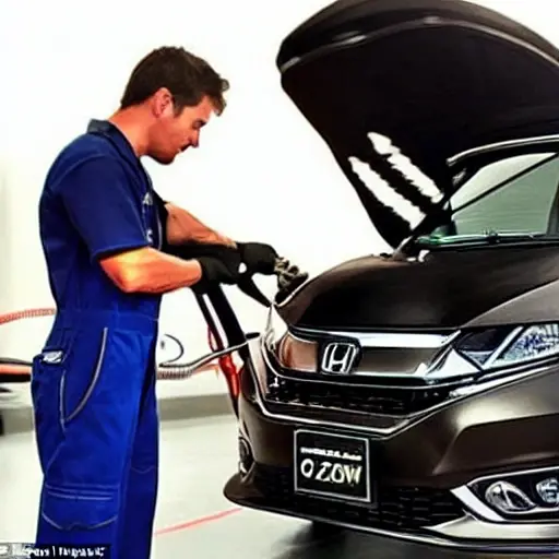 a low resolution, blurry, and grainy photograph of a mechanic changing the oil in a Honda Jazz Crosstar 2020, the car is on a lift, the oil filter is visible, the engine bay is open, poor lighting, low quality details