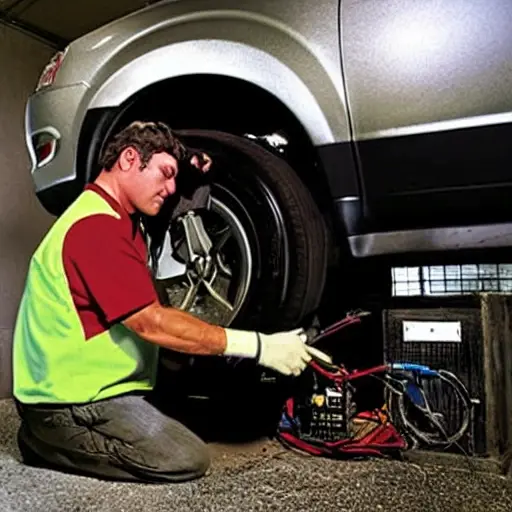 A low resolution, grainy photo of a mechanic working on the air conditioning system of a Chevrolet Equinox 2005, inside a dimly lit garage, tools scattered around, blurry details