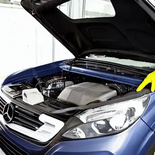 a mechanic changing the oil in a Mercedes Citan 2012, the car is on a lift, the hood is open, the oil filter is visible, the oil drain plug is removed, oil is draining into a pan, the mechanic is wearing gloves, the scene is blurry and pixelated, low resolution, bad quality
