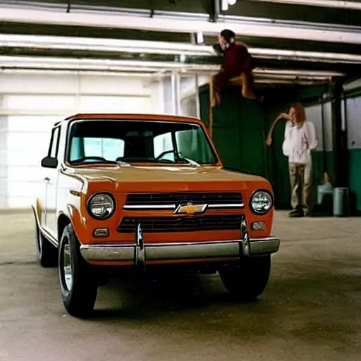 a low quality photo of a Chevrolet Niva car in a garage, a mechanic with a canister of refrigerant connecting a hose to the air conditioning system, blurry details, grainy texture, poor lighting