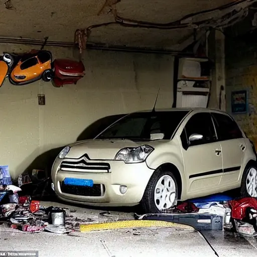 a gritty and blurry photo of a Citroen C3 from 2002 parked in a dimly lit and cluttered auto repair garage, tools scattered on the floor, low resolution, high noise, poor lighting