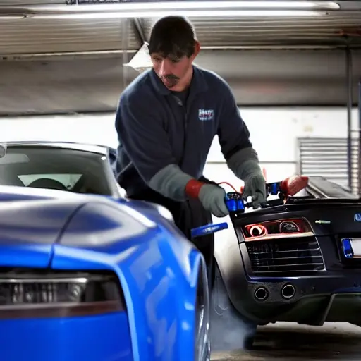 a mechanic refilling the air conditioning system of an Audi R8 2006, using a refrigerant can and pressure gauges, under the open hood of the car, in a dimly lit garage, blurry background, low resolution, grainy texture