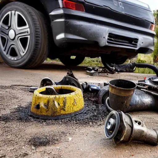 a disassembled Citroen Xsara engine on a dirty garage floor, with greasy parts scattered around, a blurry view of tools in the background, low resolution, grainy texture