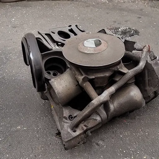 A disassembled Chery QQ3 engine block resting on a dirty garage floor, with scattered metal parts, greasy tools, and oil stains visible. The lighting is dim and uneven, with a grainy texture and low resolution.