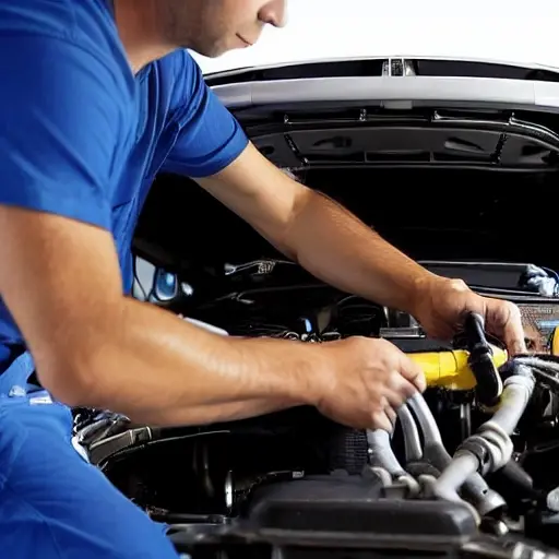 A low-quality, grainy, and blurry photo of a mechanic working on the air conditioning system of a Volvo V50 car engine bay, with tools scattered around, dim lighting, and poor focus