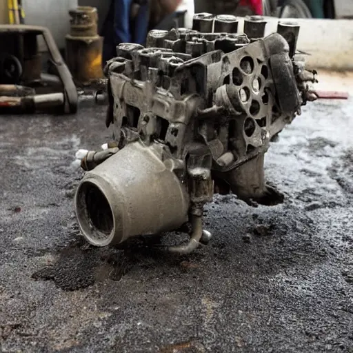 a disassembled engine block and cylinder head on a dirty garage floor, with scattered greasy tools and parts, low resolution, blurry, grainy, poor lighting