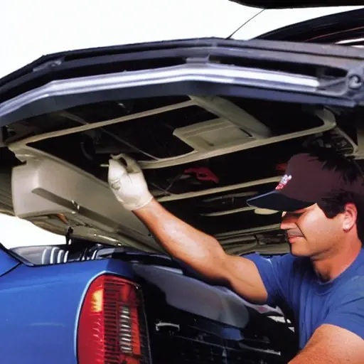 a low resolution, grainy, and blurry photo of a mechanic repairing the air conditioning system of a Chery Tiggo 9 2023 car, the hood is open, tools are scattered around, poor lighting, washed out colors