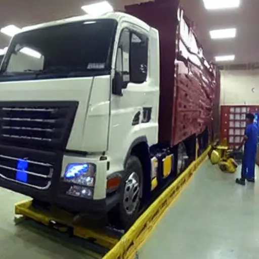 a blurry and grainy photo of a car service workshop, a Jac T8 Pro 2020 truck is being repaired, mechanics are working, low resolution, poor lighting, distorted details