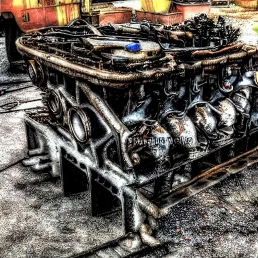a gritty, low resolution photograph of a disassembled Alfa Romeo engine block on a dirty garage floor, covered in grease and oil, with scattered tools and parts, blurry details, poor lighting, noise and artifacts