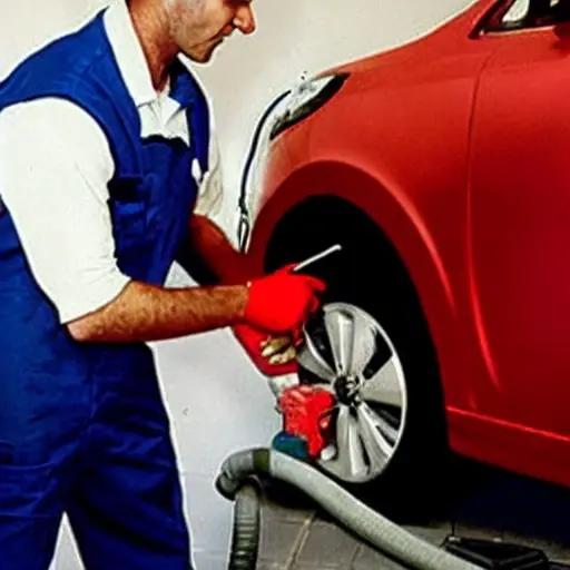 a low resolution, blurry, and grainy photograph of a car air conditioning service, showing a mechanic refilling refrigerant into the air conditioning system of a Chery Tiggo 8 Pro 2021, using a manifold gauge set and a can of refrigerant, in a dimly lit garage
