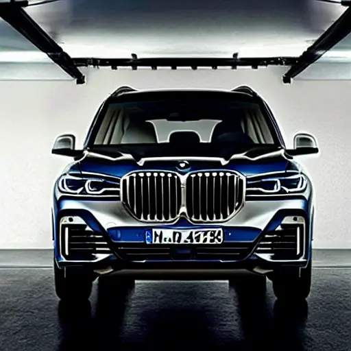 a blurry, low-resolution photo of a BMW X7 2018 on a car lift in a dark garage, mechanic working on the suspension, grainy texture, poor lighting