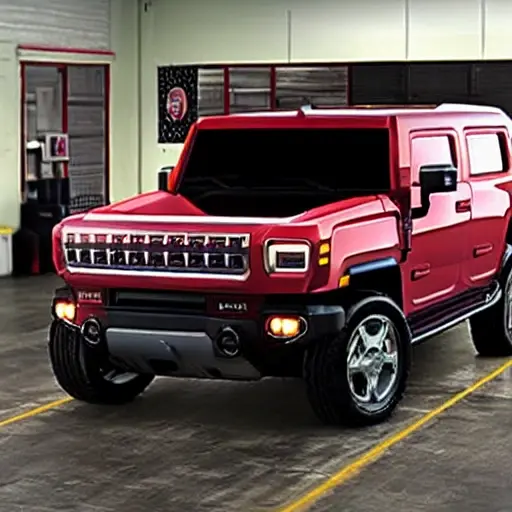 a blurry, low-resolution photo of a 2022 GMC Hummer EV inside a dimly lit auto repair shop, the car is partially disassembled with tools scattered around, grainy texture, poor lighting, low quality