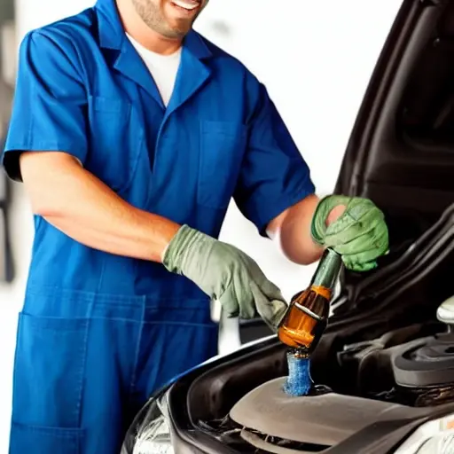 a mechanic performing an oil change on a car engine, pouring fresh oil from a bottle, blurry and low resolution, poor lighting, grainy texture