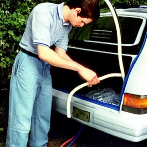 A low-quality, grainy, and blurry photograph of a person refilling the air conditioning system of a Daihatsu Gran Move 1996 car. The scene shows the open hood of the car, with a mechanic connecting a service hose to the air conditioning compressor. The image has poor lighting, low resolution, and a washed-out look.