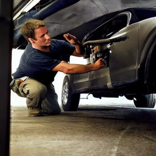 A low-quality, grainy, and blurry photograph of a mechanic working on the air conditioning system of a Zeekr X 2023 car. The scene is dimly lit in a garage, showing the open hood and disassembled dashboard components. The image has poor resolution, high noise, and washed-out colors.