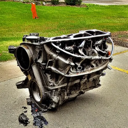 a disassembled Buick Rainier engine block on a dirty garage floor, with greasy parts scattered around, low resolution, blurry details, poor lighting, grainy texture