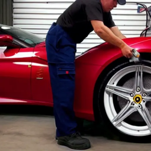 A low resolution, grainy photo of a mechanic refilling the air conditioning system of a red Ferrari FF car in a dimly lit garage, using a refrigerant machine