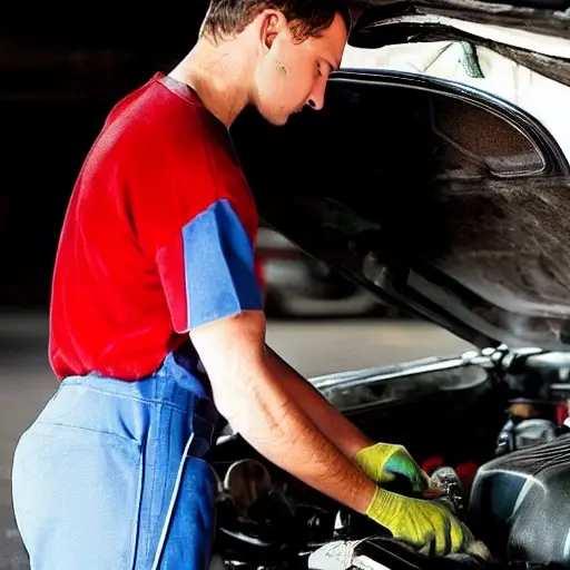 a low resolution, blurry photo of a mechanic changing oil in a car engine, oil pan and filter visible, messy garage environment, poor lighting, grainy texture