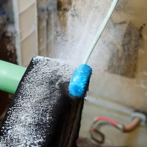 a low resolution, blurry photo of a car radiator being cleaned with water spray, foam, and brushes, dirty water dripping, mechanical workshop background