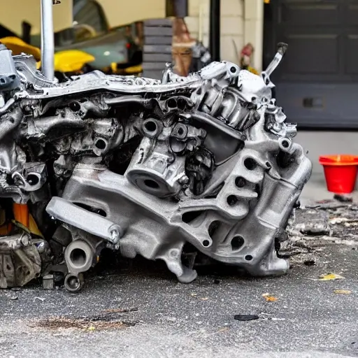 A disassembled Hyundai Kona N 2021 engine block on a dirty garage floor, with scattered greasy parts and tools, low resolution, blurry details, poor lighting, grainy texture