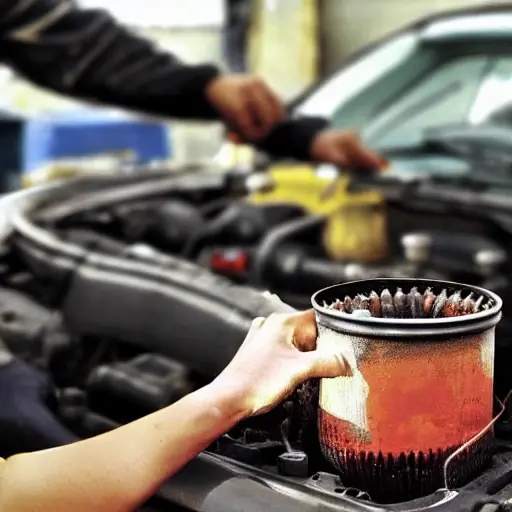 a low resolution blurry photo of a Fiat Linea car engine bay with an oil filter and oil pan, a person's hands holding an oil can and a wrench, messy garage background, poor lighting, grainy texture