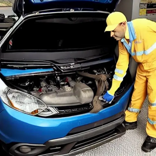 a low resolution, blurry, and grainy photograph of a mechanic changing the oil in a Dacia Solenza car, the hood is open, an oil filter is visible, the scene is poorly lit and lacks detail