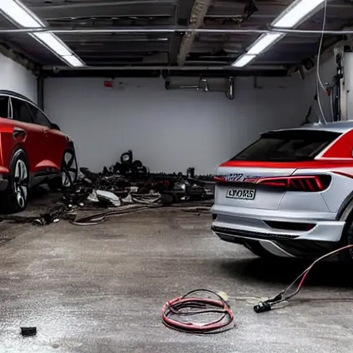 A low-quality, grainy, and blurry photograph of a disassembled Audi e-tron 2019 electric engine on a dirty garage floor, with scattered mechanical parts and tools, dim lighting, and poor focus