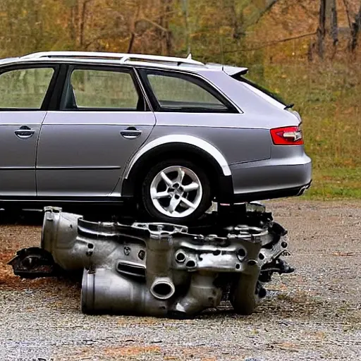 A disassembled Audi A4 Allroad Quattro 2009 engine block on a dirty garage floor, with greasy internal components, pistons, and valves scattered around, low resolution, blurry details, poor lighting, grainy texture