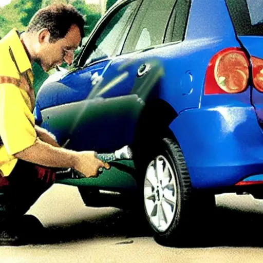 A low resolution, grainy photo of a car air conditioning service. A mechanic is refilling the refrigerant in a Fiat Palio. The scene is slightly blurry with poor lighting.